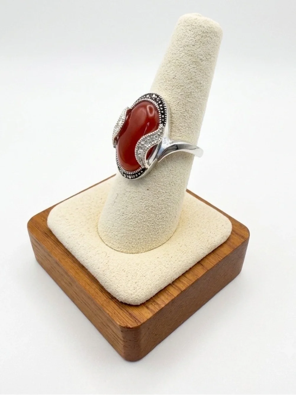 Boho Vintage Carnelian & Marcasite Silver Ring - Sz 8 Perfect for Summer